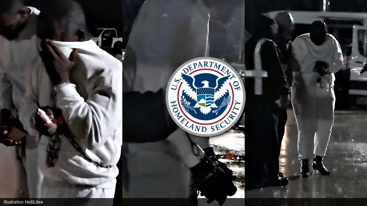 Haiti - USA : Haitians expelled with their wrists and ankles shackled, linked by a chain around their waist